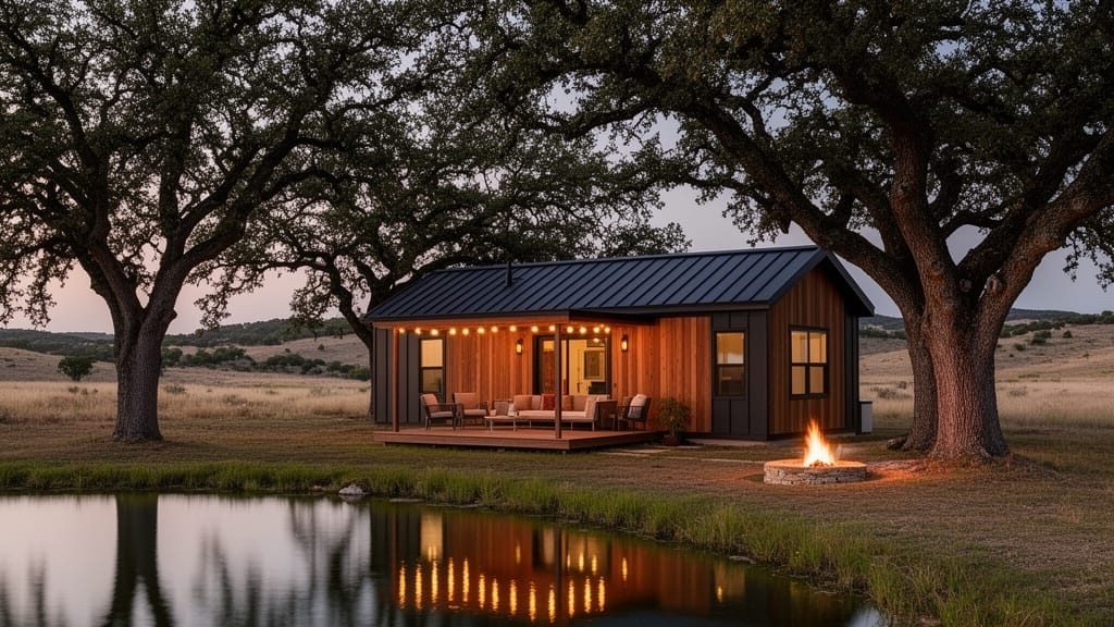 Modern tiny cabin by pond